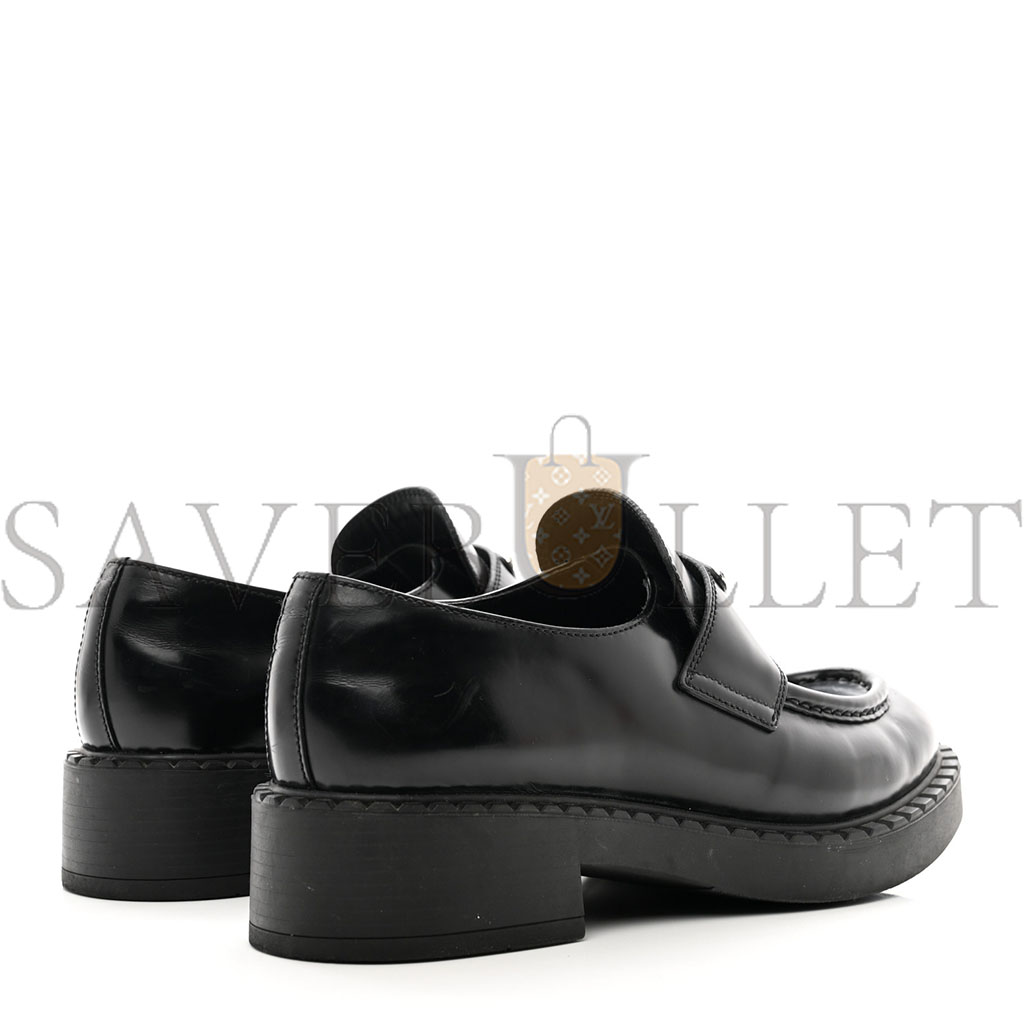 PRADA SPAZZOLATO METAL TRIANGLE LOGO 50MM LOAFERS 40.5 BLACK